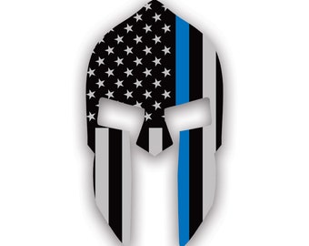 Thin Blue Line Subdued Spartan Helmet American Flag Sticker - Decal - American Made - UV Protected - law enforcement police usa