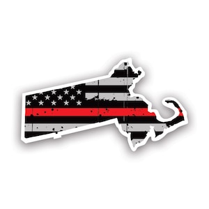 Distressed Thin Red Line Massachusetts State Shaped Subtened US Flag Sticker - Calcomanía - American Made - UV Protected fire firefighter safety