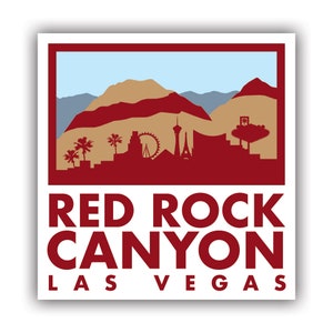 May include: Red Rock Canyon Las Vegas logo with a red, brown, and blue silhouette of a mountain range and cityscape. The text "Red Rock Canyon Las Vegas" is in red.