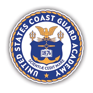 May include: A blue and gold circular seal with the words "United States Coast Guard Academy" and the year "1876" inside. The seal features an eagle with outstretched wings, a shield with a book and anchor, and the Latin phrase "Scientia E Cedit Mare".