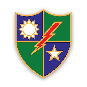 May include: A green, blue, and gold shield with a red lightning bolt, a white star, and a white sun with 12 points.