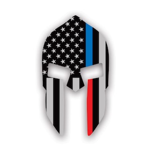 Red / Blue Line Subdued Spartan Helmet American Flag Sticker - Decal - American Made - UV Protected - police firefighter safety emt ems