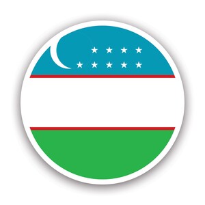 Może przedstawiać: Okrągła naklejka z flagą Uzbekistanu. Flaga przedstawia niebieskie pole z półksiężycem i dwunastoma białymi gwiazdami, białym pasem i zielonym pasem.