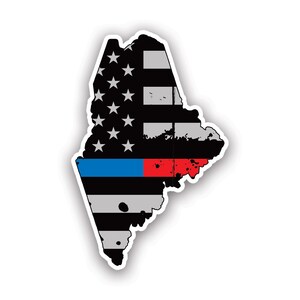 Distressed Thin Blue Red Line Maine State Shaped Subdued US Flag Sticker - Decal - American Made - UV Protected - flag first responder me