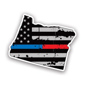 Distressed Thin Blue Red Line Oregon State Shaped Subtened US Flag Sticker - Decal - American Made - UV Protected - flag first responder or