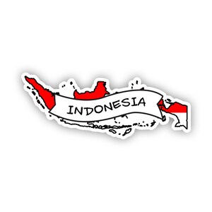 May include: A sticker featuring the map of Indonesia filled with the red and white colours of the national flag. A white banner with a black outline is draped across the centre of the map, displaying the word INDONESIA in black capital letters.