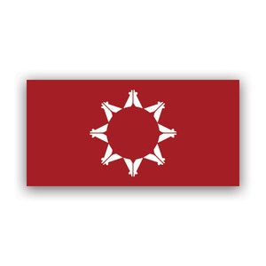 May include: A red flag with a white starburst design in the centre. The starburst has eight points and a circle in the centre.