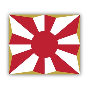 Puede incluir: Una bandera roja y blanca con un gran círculo rojo en el centro. La bandera tiene un borde dorado.