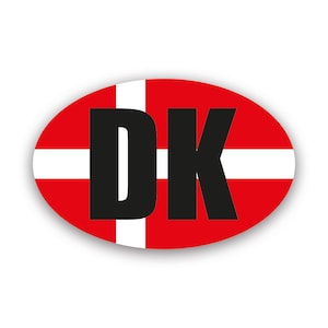 May include: A red oval sticker with a white cross and the letters "DK" in black. The sticker is a representation of the Danish flag.