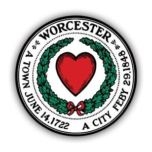 May include: A black and white circular seal with the text "WORCESTER" in a white circle with a red heart in the center surrounded by a green wreath. The text "A TOWN JUNE 14. 1722 A CITY FEBY 29. 1848" is around the outer edge of the circle.