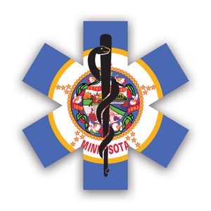 Minnesota Star of Life Flag Sticker - Decal - American Made - UV Protected ems emt emergency meidcal services rod of asclepius mn