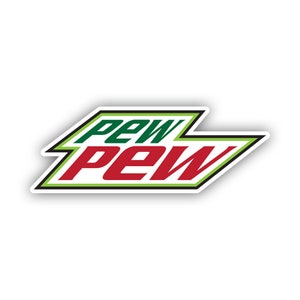 May include: A green and red logo with the word "PEW" written twice, once in green and once in red.