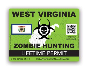 West Virginia Zombie Hunting Permit Decal Sticker - 4" X 3" Die-Cut Vinyl - Outbreak Response Team Humor