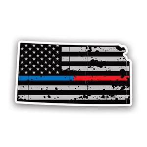 Distressed Thin Blue Red Line Kansas State Shaped Subtened US Flag Sticker - Calcomanía - American Made - UV Protected - flag first responder ks