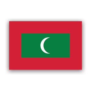 May include: The flag of the Maldives, a rectangular design with a red border and a green rectangle in the center. Inside the green rectangle is a white crescent moon. The flag is a symbol of the Maldives.