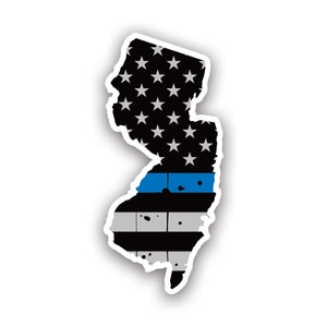 Distressed Thin Blue Line New Jersey State Shaped Subtened US Flag Sticker - Calcomanía - American Made - UV Protected police law enforcement nj