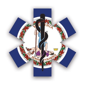 Virginia Star of Life Flag Sticker - Decal - American Made - UV Protected ems emt emergency meidcal services rod of asclepius va