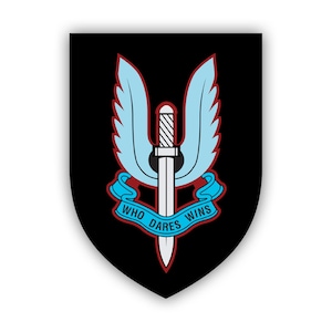 May include: A black shield with a winged dagger and the text "WHO DARES WINS" in a red banner.