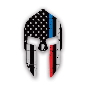 Tattered Red / Blue Line Subdued Spartan Helmet American Flag Sticker - Calcomanía - American Made - UV Protected - Police Firefighter Safety EMT