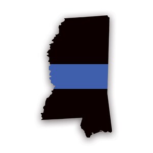 May include: A black sticker in the shape of the state of Mississippi with a blue stripe across the centre. The sticker has a white border and is set against a white background.
