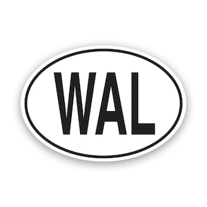 May include: An oval sticker featuring the letters "WAL" in a bold black typeface. The letters are centrally positioned within a white oval, framed by a thin black border. The background of the sticker is white.