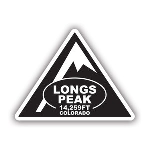May include: Black and white triangle sticker with a mountain peak graphic and the text "LONGS PEAK 14,259FT COLORADO".