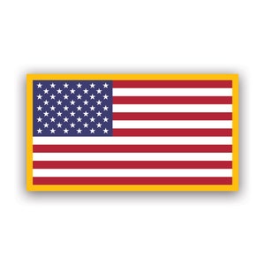 May include: Rectangular graphic of the American flag, featuring a blue canton with white stars and red and white stripes. The flag is set within a gold border, creating a framed effect. The design is a patriotic symbol.