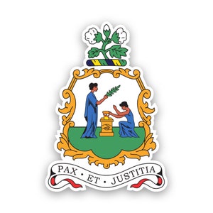 May include: The coat of arms of the British Virgin Islands features a green shield with two figures, one offering a branch to the other. The shield is surrounded by a gold frame and topped with a cotton plant. The motto "Pax et Justitia" is displayed on a ribbon below the shield.