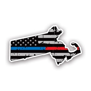 Distressed Thin Blue Red Line Massachusetts State Shaped Subdued US Flag Sticker - Decal - American Made - UV Protected - usa flag responder