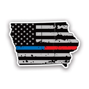 Distressed Thin Blue Red Line Iowa State Shaped Subdued US Flag Sticker - Decal - American Made - UV Protected - usa flag first responder ia