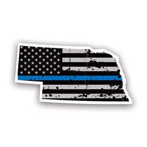 Distressed Thin Blue Line Nebraska State Shaped Subtened US Flag Sticker - Calcomanía - American Made - UV Protected police law enforcement ne