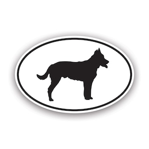 May include: Black silhouette of a dog in a white oval. The dog is standing with its head turned to the side.