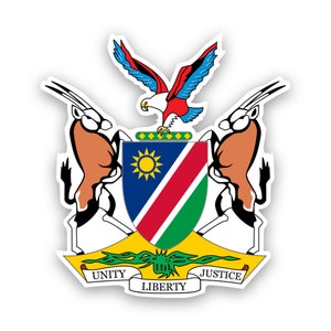 May include: The coat of arms of Namibia features two oryx antelope flanking a shield with the Namibian flag. The shield is topped by a red-breasted eagle with blue wings. Below the shield is a green ribbon with the words "Unity, Liberty, Justice".