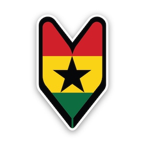 May include: A sticker displaying the Ghana flag in a shield-like form. It features red, yellow, and green stripes, with a black star at the centre. The sticker has a white border and a subtle shadow, creating a 3D effect.