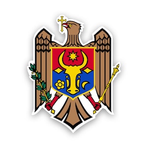 Könnte beinhalten: Ein Aufkleber mit dem Wappen Moldawiens. Das Design zeigt einen braunen Adler, der ein Kreuz und ein Zepter hält, mit einem Schild, das Auerochsen, einen Stern und eine Blume in Rot, Blau und Gelb zeigt.
