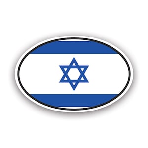 Peut inclure: Autocollant ovale représentant le drapeau d'Israël. Il présente un fond blanc, deux bandes bleues horizontales et une étoile de David bleue. Le sticker est bordé d'un contour noir.