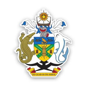 May include: A sticker featuring a colorful coat of arms with a sun, birds, a crocodile, and a shark. The coat of arms has a shield with a yellow and green background, and the text "TO LEAD IS TO SERVE" is at the bottom.