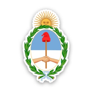 May include: A sticker featuring the coat of arms of Argentina. The design includes a sun with rays, a red Phrygian cap on a staff, clasped hands, and a laurel wreath, all in vibrant colors.