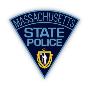 May include: A blue and white triangle-shaped patch with the words "MASSACHUSETTS STATE POLICE" in white lettering. The patch features the state seal of Massachusetts, which depicts a man holding a sword and a star.