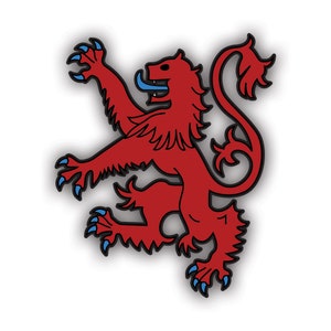 May include: A red lion rampant with a blue tongue, a heraldic symbol often used in Scottish heraldry.