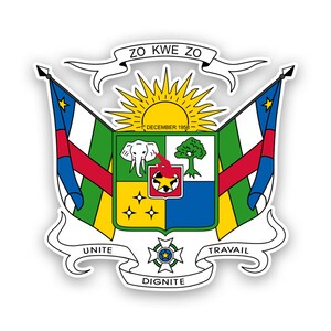 May include: A sticker of the Central African Republic's coat of arms. The design includes flags, a sun, an elephant, a tree, and a soccer ball. The words "ZO KWE ZO", "UNITE", "TRAVAIL", and "DIGNITE" are displayed.
