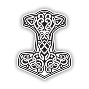 May include: Black and white sticker featuring a stylized depiction of Mjolnir, Thor's hammer. The design showcases intricate Celtic knotwork and a symmetrical pattern, with a face incorporated into the hammer's head.