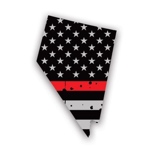 May include: A black and white American flag with a red stripe across the middle, shaped like the state of Nevada. The flag is distressed and has a grunge effect.