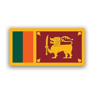 Può includere: La bandiera nazionale dello Sri Lanka, con un campo cremisi con un leone dorato che tiene una spada, circondato da quattro foglie dorate. La bandiera ha anche una striscia verticale verde e una striscia verticale arancione.