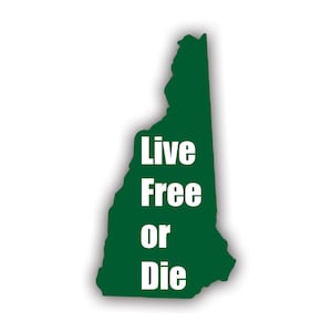 May include: A green silhouette of the state of New Hampshire with the words "Live Free or Die" written in white inside the state.