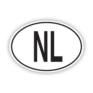 Może przedstawiać: Biała owalna naklejka z czarnym obramowaniem i literami "NL" w kolorze czarnym.