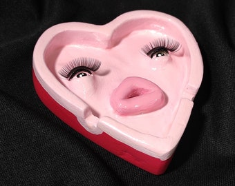 Pink Heart Shaped Ashtray and Incense Holder, Cigarette Ashtray With False Eyelashes, Jewelry Holder For Her