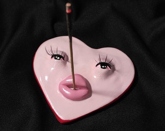 Pink Heart Shaped Incense Holder, Cute Clay Incense Holder, Incense Burner With False Eyelashes