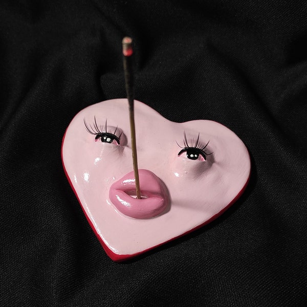 Pink Heart Shaped Incense Holder, Cute Clay Incense Holder, Incense Burner With False Eyelashes