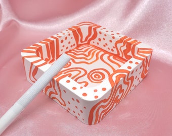 Abstract Orange Lines Decorative Ashtray, Stylish Cigarette Holder, Square Trendy Ashtrays, Hand-Painted Unique Gift